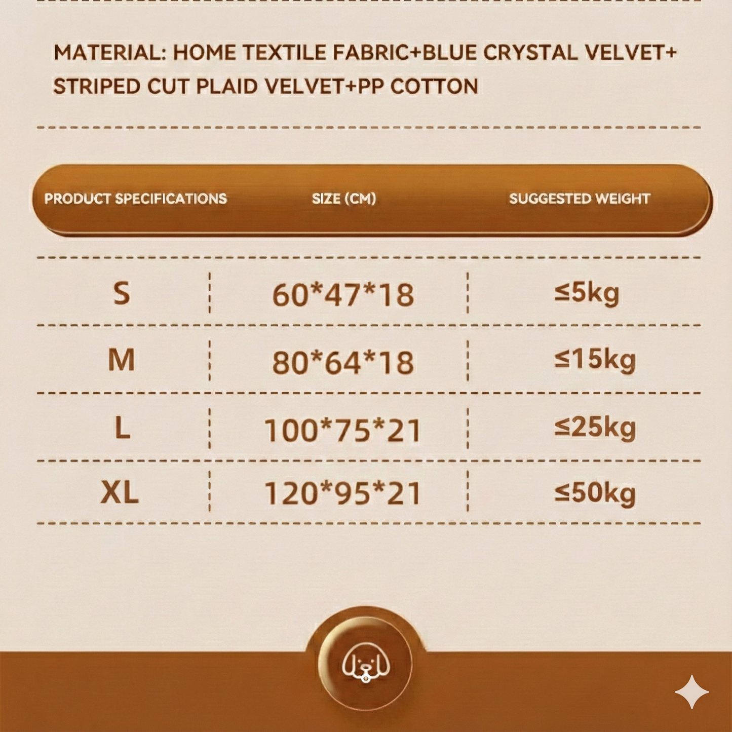 KIRE™ Deep-Slumber Thermal Bed size chart displaying measurements and weight recommendations for pet dogs and cats.