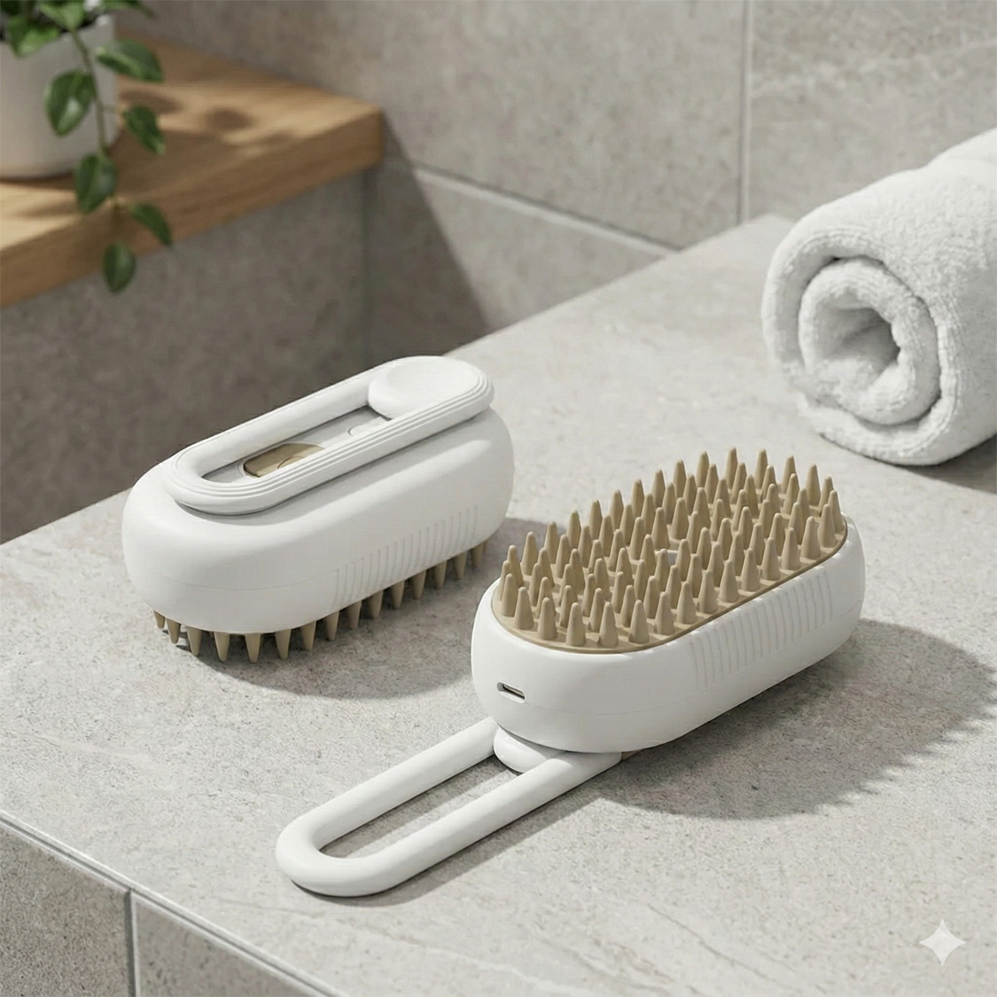 White pet comb with ergonomic handle and soft rubber bristles for gentle dog and cat grooming, front and side views on stone .