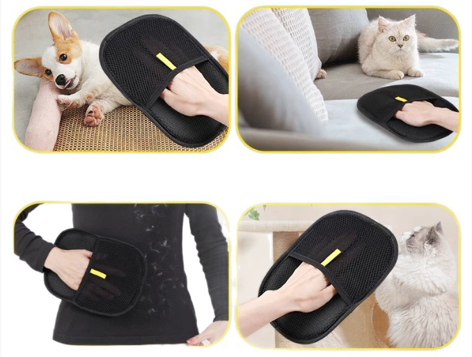 KIRE™ black pet grooming glove shown in use on dog and cat, highlighting soft bristles and ergonomic design.