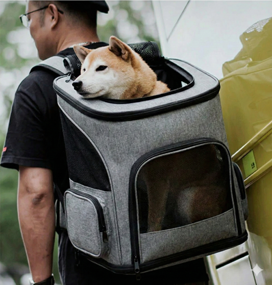 KIRE grey premium waterproof pet carrier backpack on man’s back with dog inside and mesh ventilation showing portability.