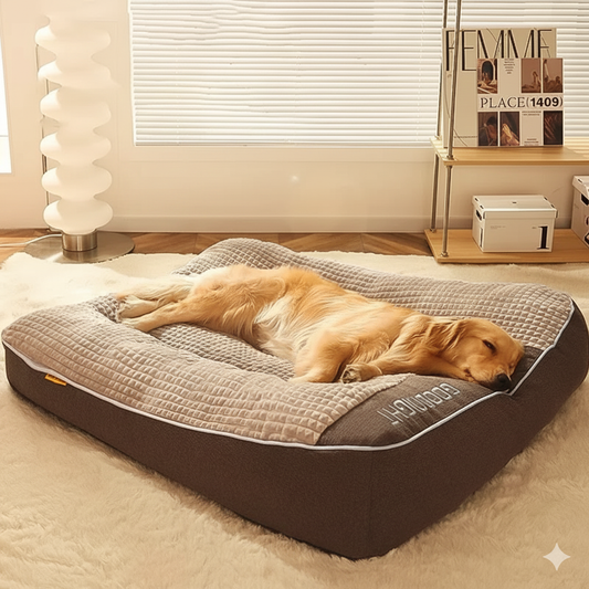 KIRE™ Deep-Slumber Thermal Bed in grey coffee with plush, quilted top and thick sides, lifestyle view with dog resting.