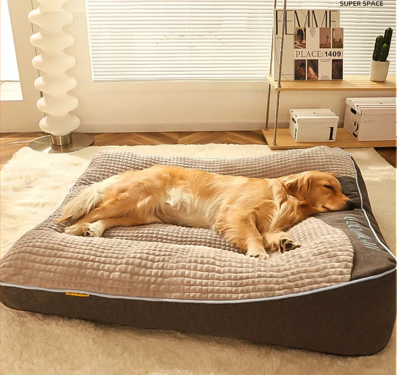 KIRE™ Deep-Slumber Thermal Bed in grey coffee, side view with golden retriever lying on premium waterproof pet bed.