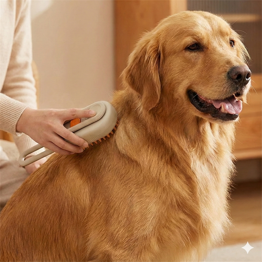 Khaki KIRE pet comb used on golden retriever, ergonomic design for dog and cat hair grooming and massage.