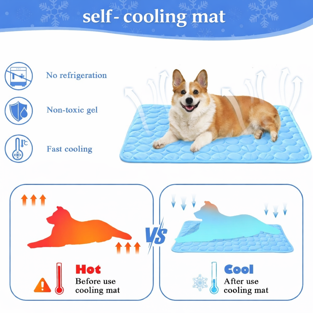 Diagram showing how KIRE™ self-cooling technology lowers dog body temperature instantly - No refrigeration needed
