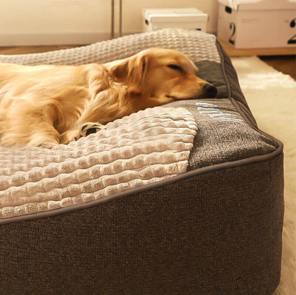 KIRE™ Deep-Slumber Thermal Bed in grey coffee with textured top, showcasing premium comfort for pets, side close-up with dog .
