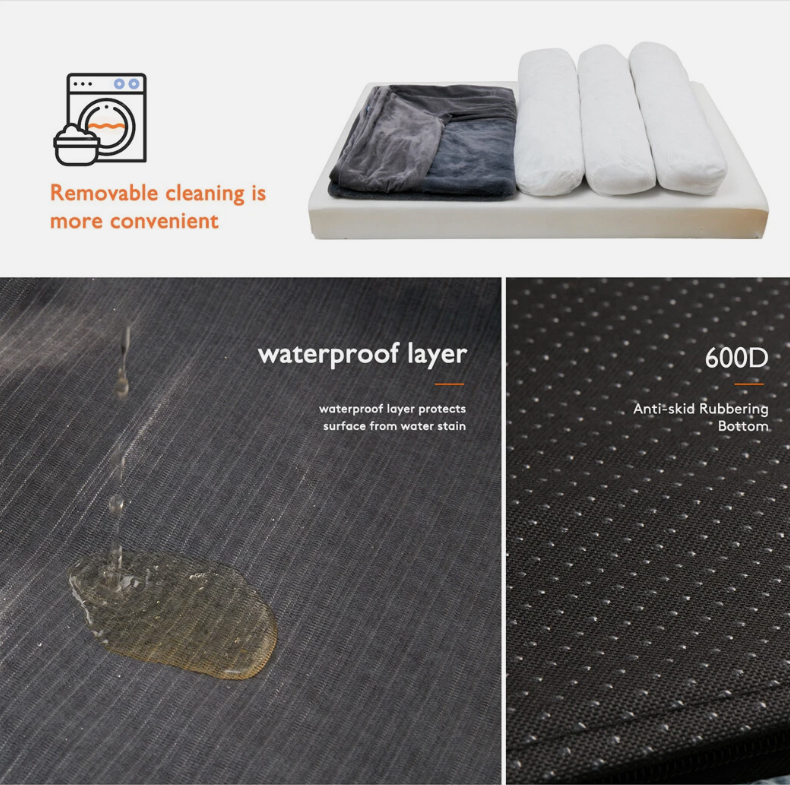 KIRE™ Ortho-Support waterproof sofa bed in gray, side view with removable cushion and waterproof layer spotlighted.